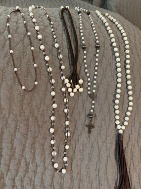 Multi-Strand Pearl Accent Brown Cord Necklace - Women Jewelry